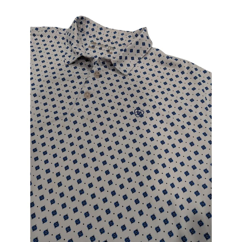 Ariat Tek Performance Polo Mens XXL White Navy Aztec Print GUC - Picture 3 of 10